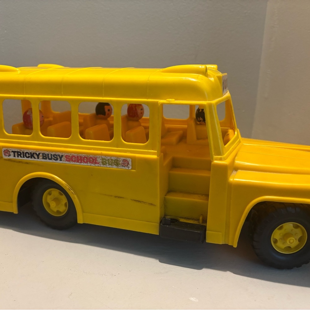 Vintage 60's Tricky Busy yellow School Bus Toy w/ kids *Prop or Repair fun games